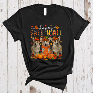 MacnyStore - Happy Fall Y'all, Lovely Plaid Thanksgiving Three Pilgrim Corgi Lover, Autumn Fall Leaf T-Shirt