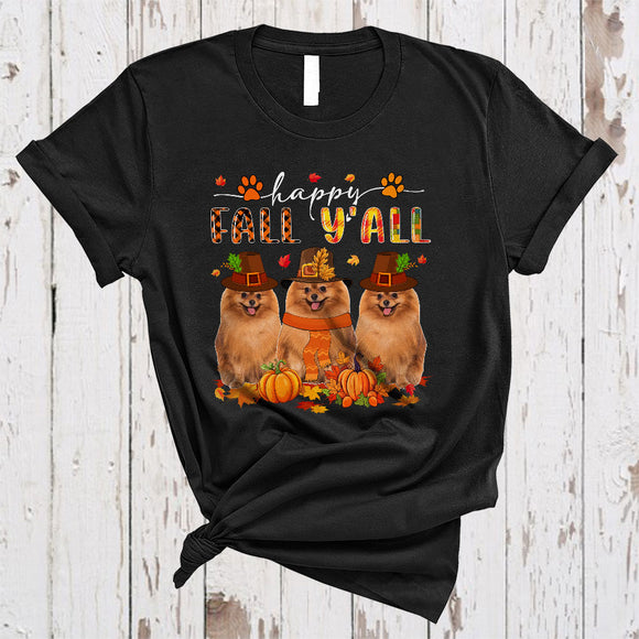 MacnyStore - Happy Fall Y'all, Lovely Plaid Thanksgiving Three Pilgrim Pomeranian Lover, Autumn Fall Leaf T-Shirt
