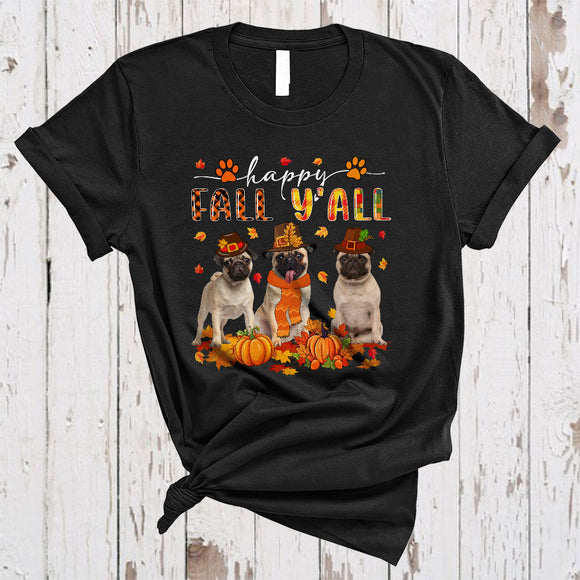 MacnyStore - Happy Fall Y'all, Lovely Plaid Thanksgiving Three Pilgrim Pug Lover, Autumn Fall Leaf T-Shirt