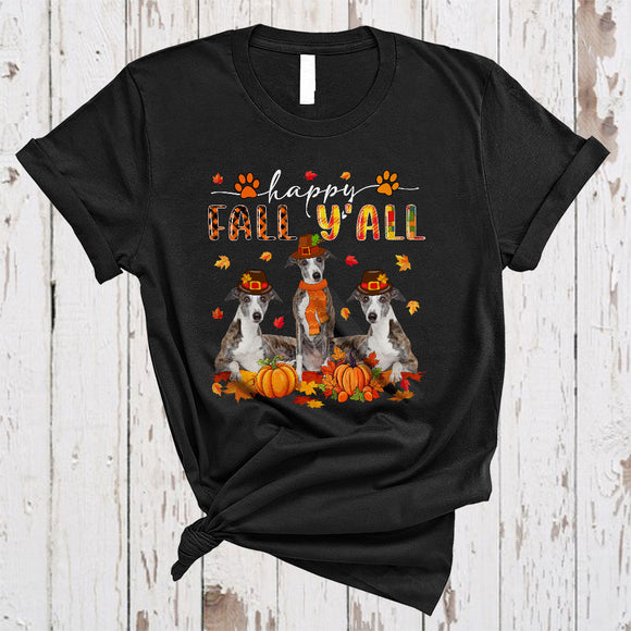 MacnyStore - Happy Fall Y'all, Lovely Plaid Thanksgiving Three Pilgrim Whippet Lover, Autumn Fall Leaf T-Shirt