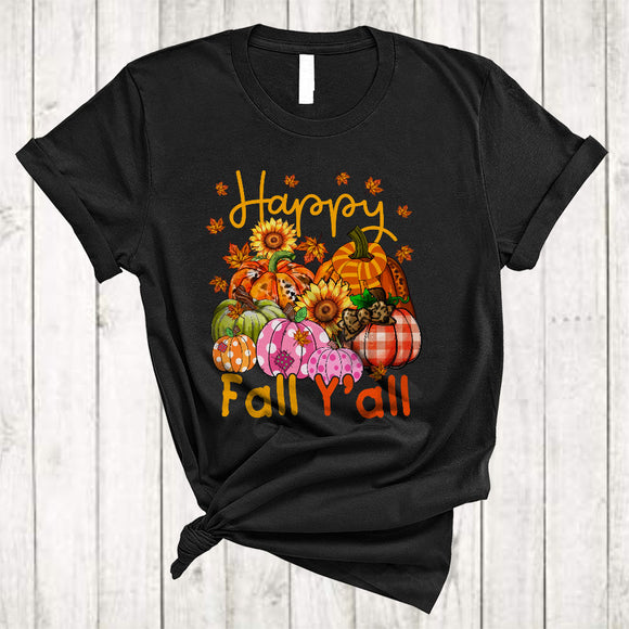 MacnyStore - Happy Fall Y'all, Wonderful Thanksgiving Leopard Plaid Pumpkin, Fall Leaf Matching Family T-Shirt