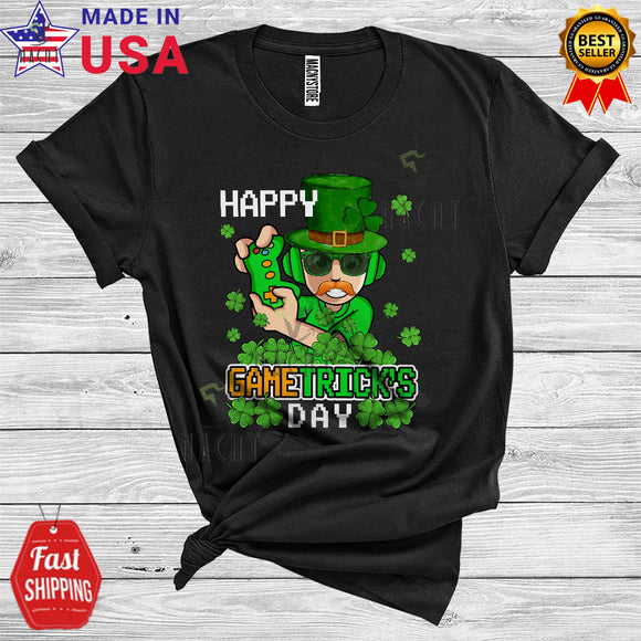 MacnyStore - Happy Gametrick's Day Cute Cool St. Patrick's Day Shamrocks Leprechaun Gaming Gamer Lover T-Shirt