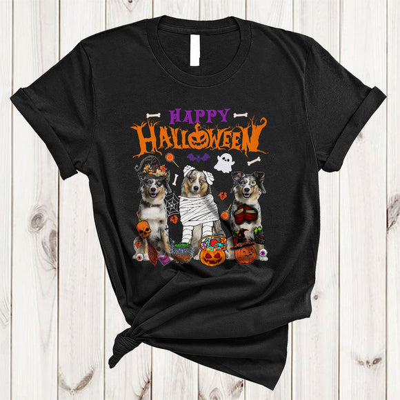 MacnyStore - Happy Halloween Cool Adorable Halloween Witch Mummy Zombie Australian Shepherd Collection T-Shirt