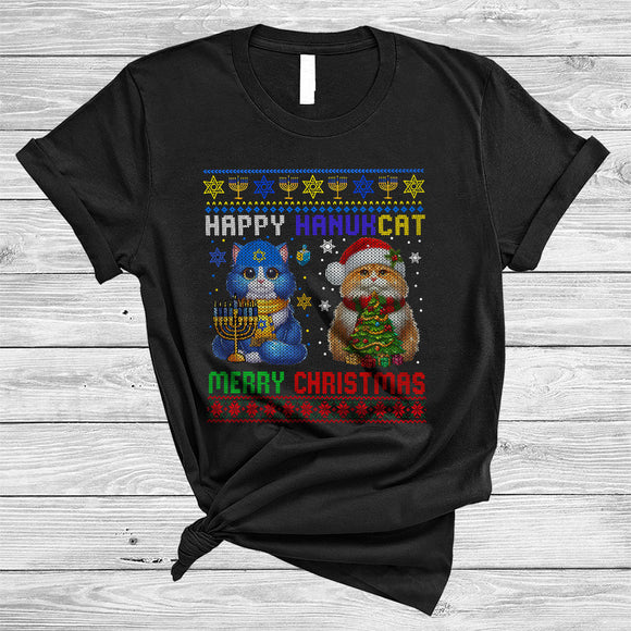 MacnyStore - Happy Hanukcat Merry Christmas, Adorable Lovely X-mas Kitten Hanukkah, Sweater Animal Lover T-Shirt