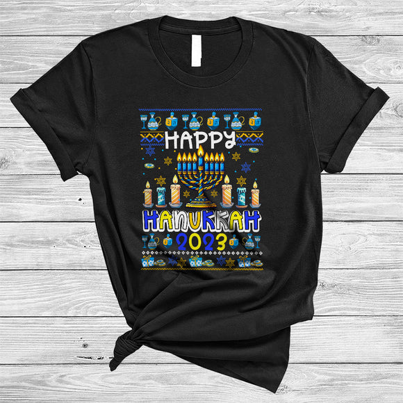 MacnyStore - Happy Hanukkah 2023, Amazing Hanukkah Sweater Menorah Lights, Chanukah Family Proud T-Shirt