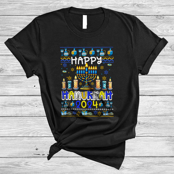 MacnyStore - Happy Hanukkah 2024, Amazing Hanukkah Sweater Menorah Lights, Chanukah Family Proud T-Shirt