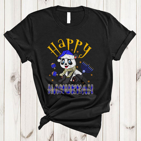 MacnyStore - Happy Hanukkah Cute Adorable Chanukah Plaid Hanukkah Panda With Menorah Jewish Proud T-Shirt