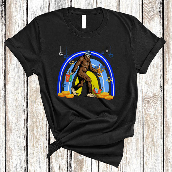 MacnyStore - Happy Hanukkah Funny Hanukkah Chanukah Jewish Rainbow Bigfoot With Menorah Dreidel Lover T-Shirt