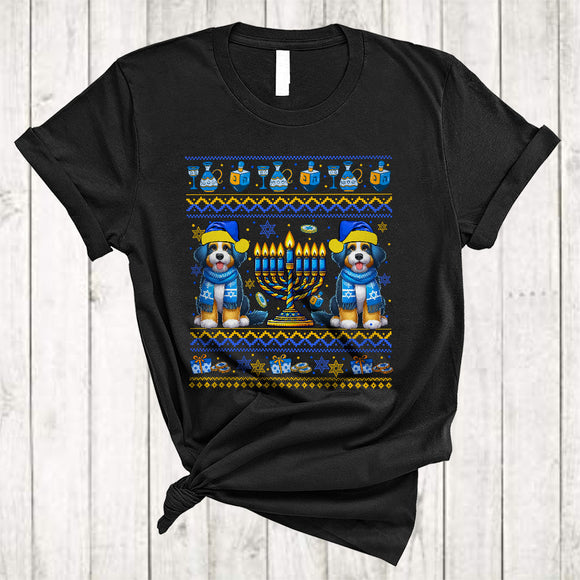 MacnyStore - Happy Hanukkah, Awesome Two Cute Bernedoodle Lover, Chanukah Hanukkah Sweater Menorah T-Shirt