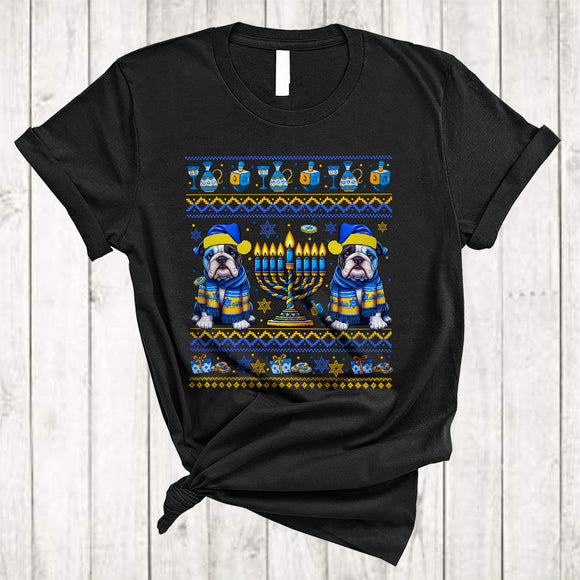 MacnyStore - Happy Hanukkah, Awesome Two Cute Bulldog Lover, Chanukah Hanukkah Sweater Menorah T-Shirt