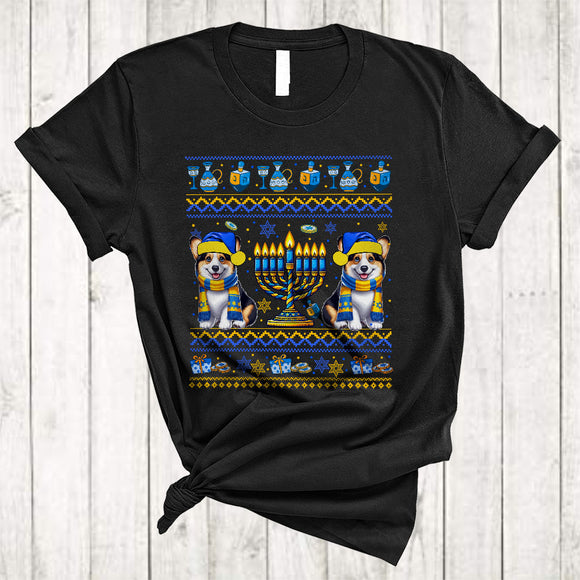 MacnyStore - Happy Hanukkah, Awesome Two Cute Corgi Lover, Chanukah Hanukkah Sweater Menorah T-Shirt