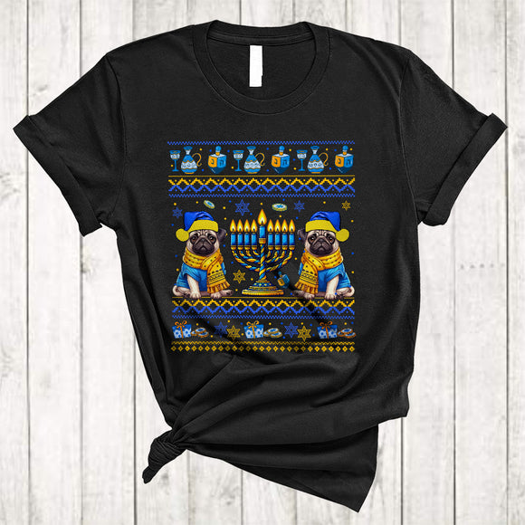 MacnyStore - Happy Hanukkah, Awesome Two Cute Pug Lover, Chanukah Hanukkah Sweater Menorah T-Shirt