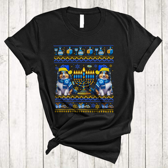MacnyStore - Happy Hanukkah, Awesome Two Cute Shetland Sheepdog Lover, Chanukah Sweater Menorah T-Shirt
