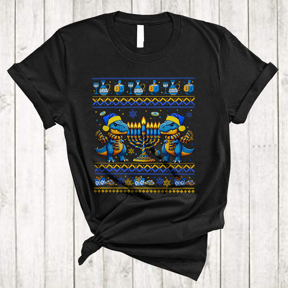 MacnyStore - Happy Hanukkah, Awesome Two Cute T-Rex Lover, Chanukah Hanukkah Sweater Menorah T-Shirt