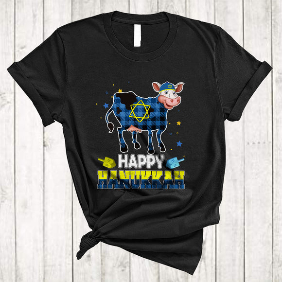 MacnyStore - Happy Hanukkah, Cute Plaid Chanukah Cow Dreidel, Matching Animal Lover Family Group T-Shirt