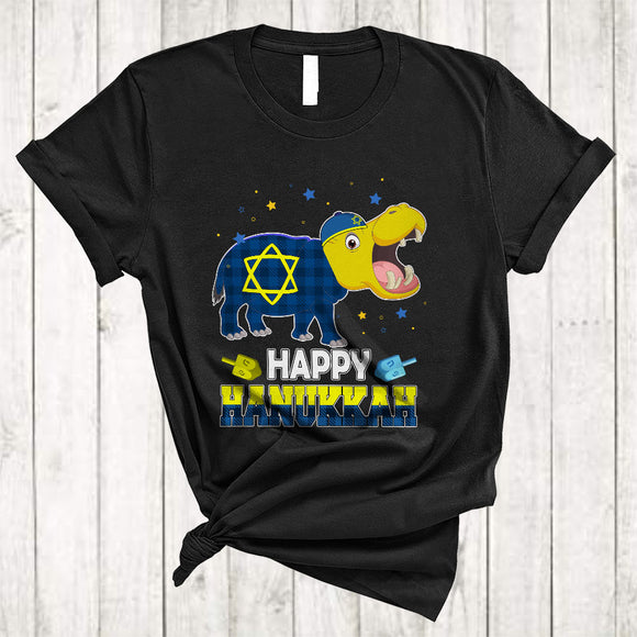MacnyStore - Happy Hanukkah, Cute Plaid Chanukah Hippo Dreidel, Matching Animal Lover Family Group T-Shirt