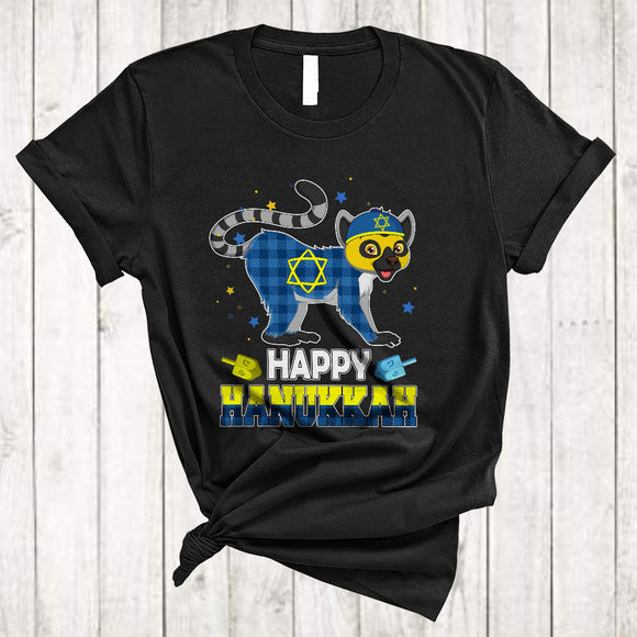 MacnyStore - Happy Hanukkah, Cute Plaid Chanukah Lemur Dreidel, Matching Animal Lover Family Group T-Shirt