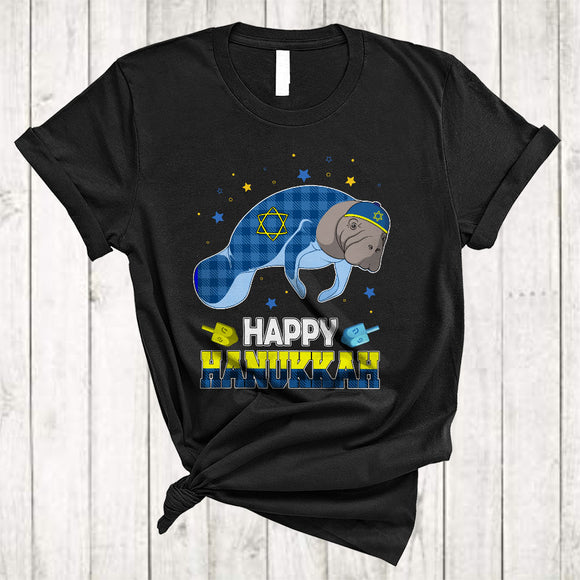 MacnyStore - Happy Hanukkah, Cute Plaid Chanukah Manatee Dreidel, Matching Animal Lover Family Group T-Shirt