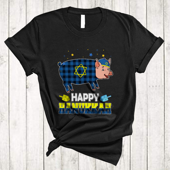 MacnyStore - Happy Hanukkah, Cute Plaid Chanukah Pig Dreidel, Matching Animal Lover Family Group T-Shirt
