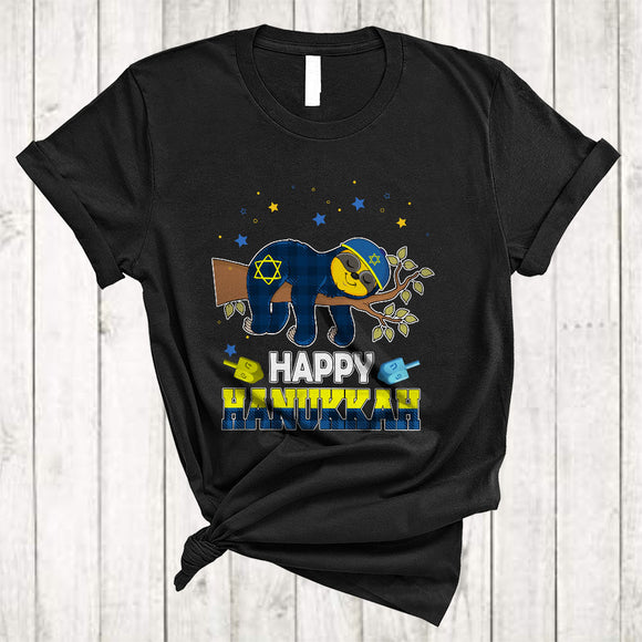 MacnyStore - Happy Hanukkah, Cute Plaid Chanukah Sloth Dreidel, Matching Animal Lover Family Group T-Shirt