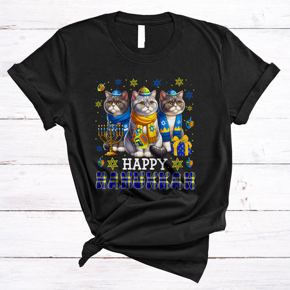 MacnyStore - Happy Hanukkah, Lovely Chanukah Three British Shorthair Cat Menorah Dreidel, Plaid Animal T-Shirt
