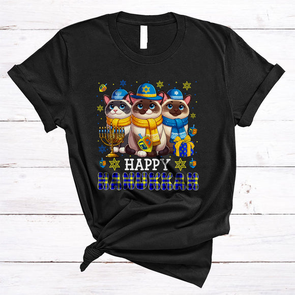 MacnyStore - Happy Hanukkah, Lovely Cool Chanukah Three Burmese Cat Menorah Dreidel, Plaid Animal T-Shirt