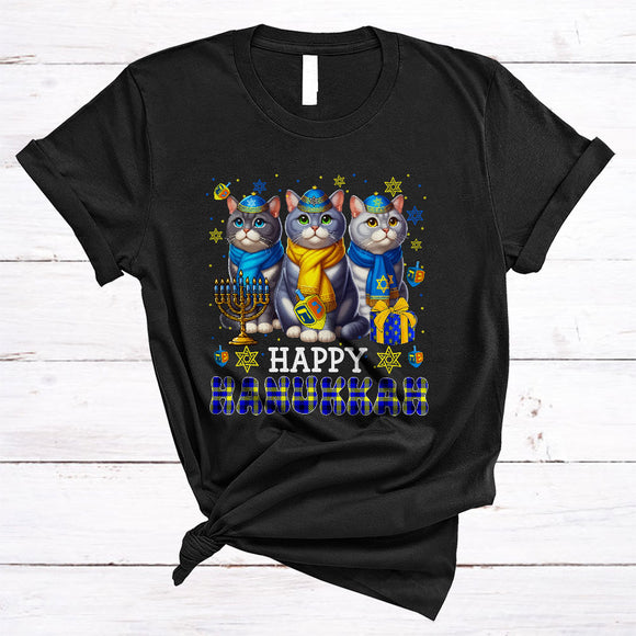 MacnyStore - Happy Hanukkah, Lovely Cool Chanukah Three Chartreux Cat Menorah Dreidel, Plaid Animal T-Shirt