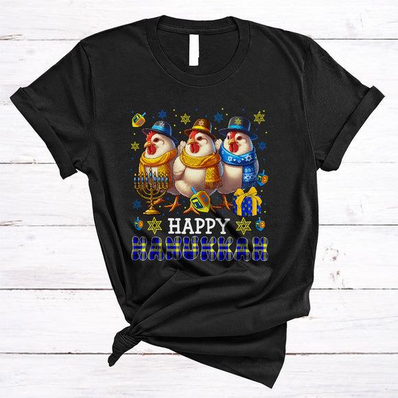 MacnyStore - Happy Hanukkah, Lovely Cool Chanukah Three Chicken Menorah Dreidel, Plaid Animal Farmer T-Shirt