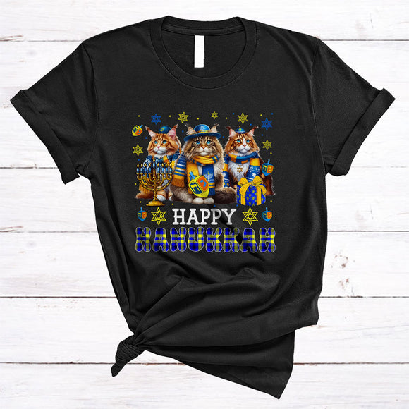 MacnyStore - Happy Hanukkah, Lovely Cool Chanukah Three Maine Coon Cat Menorah Dreidel, Plaid Animal T-Shirt
