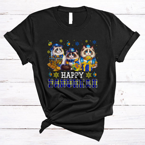 MacnyStore - Happy Hanukkah, Lovely Cool Chanukah Three Ragdoll Cat Menorah Dreidel, Plaid Animal T-Shirt
