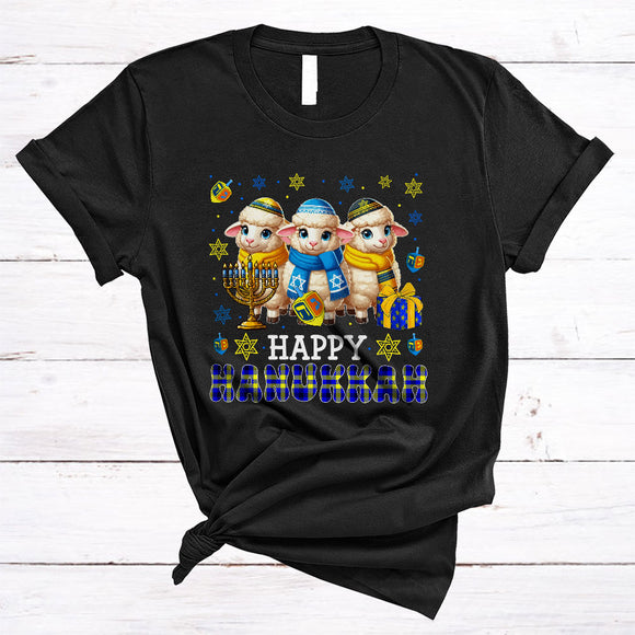 MacnyStore - Happy Hanukkah, Lovely Cool Chanukah Three Sheep Menorah Dreidel, Plaid Animal Farmer T-Shirt