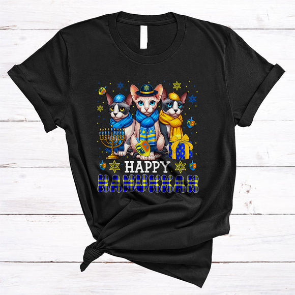 MacnyStore - Happy Hanukkah, Lovely Cool Chanukah Three Sphynx Cat Menorah Dreidel, Plaid Animal T-Shirt