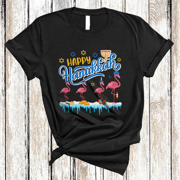 MacnyStore - Happy Hanukkah, Lovely Cool Four Jewish Flamingo Lover, Jewish Proud Menorah Lights T-Shirt