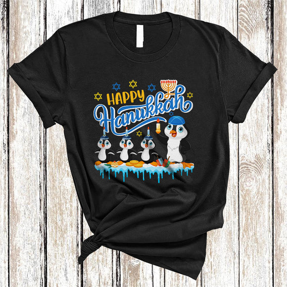 MacnyStore - Happy Hanukkah, Lovely Cool Four Jewish Penguins Lover, Jewish Proud Menorah Lights T-Shirt