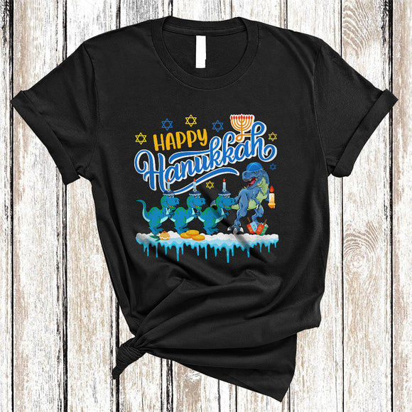 MacnyStore - Happy Hanukkah, Lovely Cool Four Jewish T-Rex Lover, Jewish Proud Menorah Lights T-Shirt