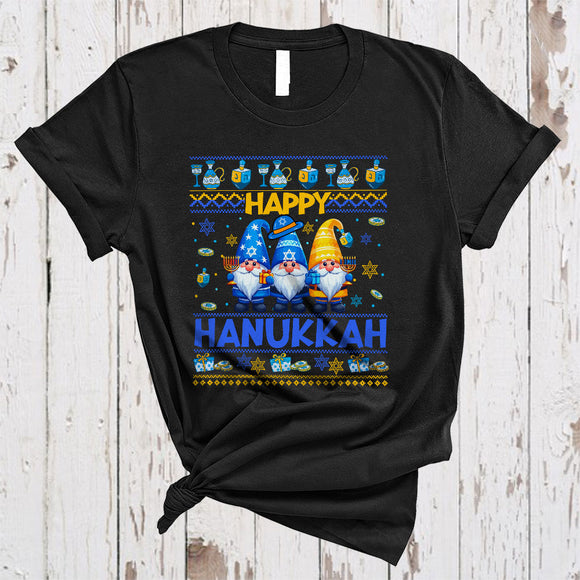 MacnyStore - Happy Hanukkah, Lovely Hanukkah Christmas Sweater Three Gnomes, Gnomies Menorah Dreidel T-Shirt