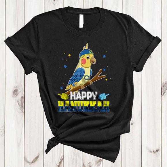 MacnyStore - Happy Hanukkah, Lovely Plaid Chanukah Cockatiel Bird Dreidel, Matching Bird Animal Lover T-Shirt