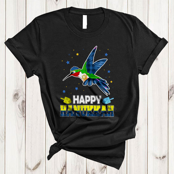 MacnyStore - Happy Hanukkah, Lovely Plaid Chanukah Hummingbird Bird Dreidel, Matching Bird Animal Lover T-Shirt