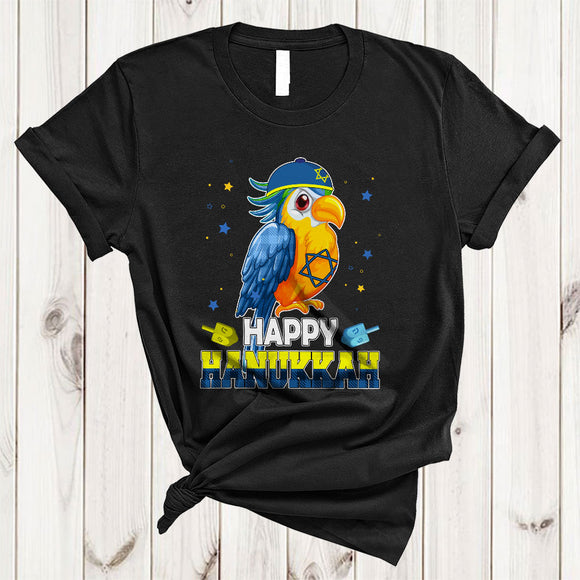 MacnyStore - Happy Hanukkah, Lovely Plaid Chanukah Macaw Bird Dreidel, Matching Bird Animal Lover T-Shirt