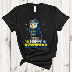 MacnyStore - Happy Hanukkah, Lovely Plaid Chanukah Owl Bird Dreidel, Matching Bird Animal Lover T-Shirt