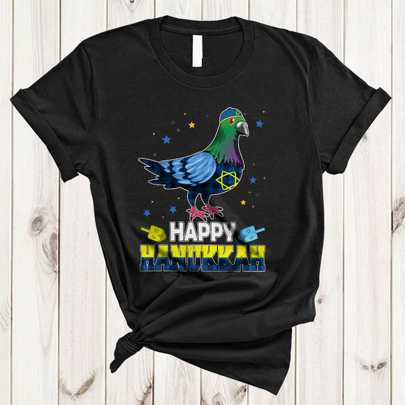 MacnyStore - Happy Hanukkah, Lovely Plaid Chanukah Pigeon Bird Dreidel, Matching Bird Animal Lover T-Shirt