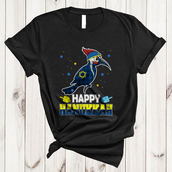 MacnyStore - Happy Hanukkah, Lovely Plaid Chanukah Woodpecker Bird Dreidel, Matching Bird Animal Lover T-Shirt