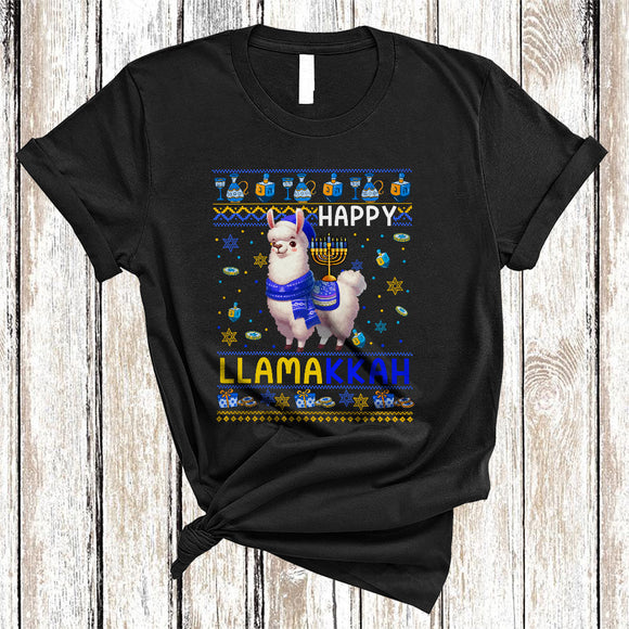 MacnyStore - Happy Llamakkah, Adorable Hanukkah Sweater Chanukah Llama Lover, Menorah Family Group T-Shirt