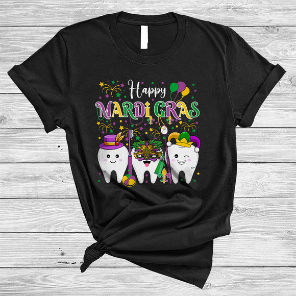 MacnyStore - Happy Mardi Gras, Lovely Mardi Gras Three Cute Teeth, Dentist Squad Dental Assistant Parade T-Shirt