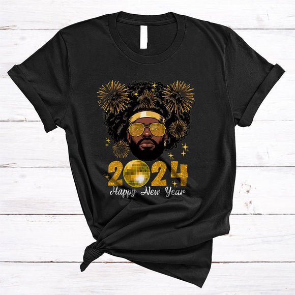 MacnyStore - Happy New Year 2024, Awesome New Year Messy Bun Hair Black Men, African American Firework T-Shirt