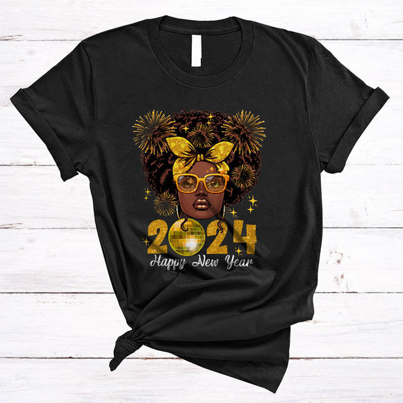 MacnyStore - Happy New Year 2024, Awesome New Year Messy Bun Hair Black Women, African American Firework T-Shirt