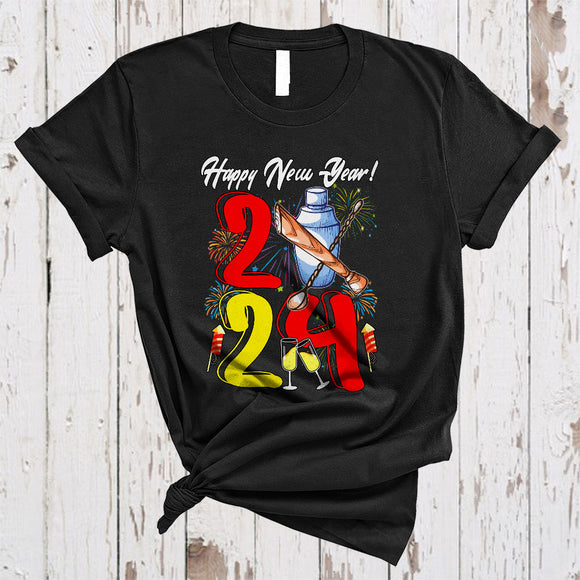 MacnyStore - Happy New Year 2024, Colorful Bartender Tools Fireworks, Matching Friends Family Group T-Shirt