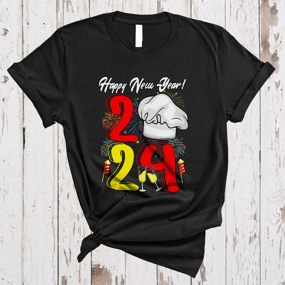 MacnyStore - Happy New Year 2024, Colorful Chef Tools Fireworks, Matching Friends Family Group T-Shirt