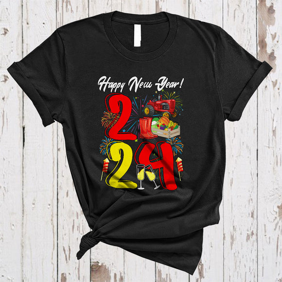 MacnyStore - Happy New Year 2024, Colorful Farmer Tools Fireworks, Matching Friends Family Group T-Shirt