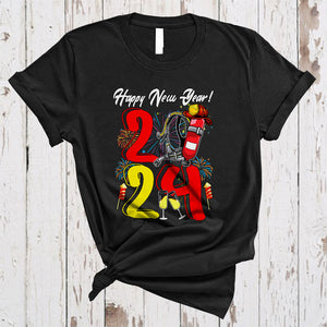 MacnyStore - Happy New Year 2024, Colorful Firefighter Tools Fireworks, Matching Friends Family Group T-Shirt